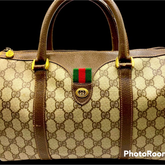 Gucci Handbags - Gucci Brown Monogram Canvas Top-Handle Bag with Green-Red Web